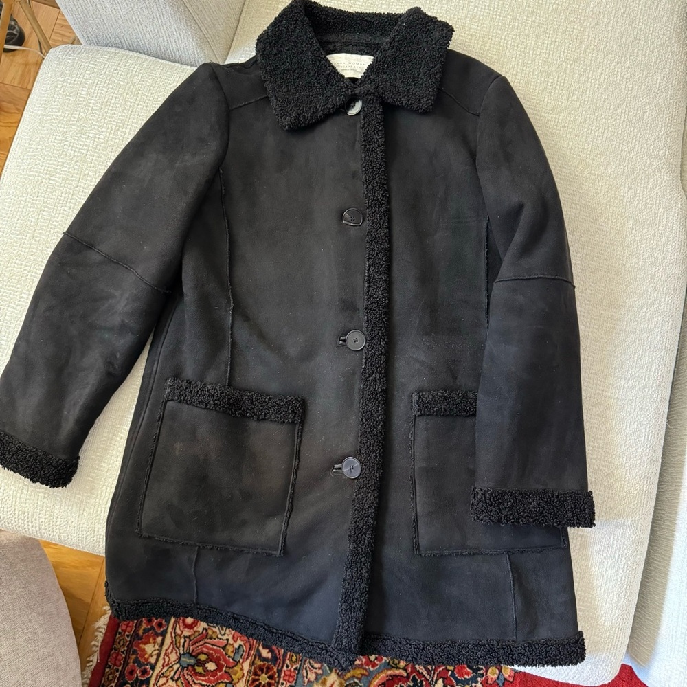 Zara Woman Black Teddy Coat with Collar